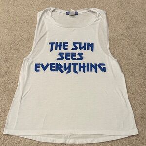 Graphic White Tank Top with Blue Text